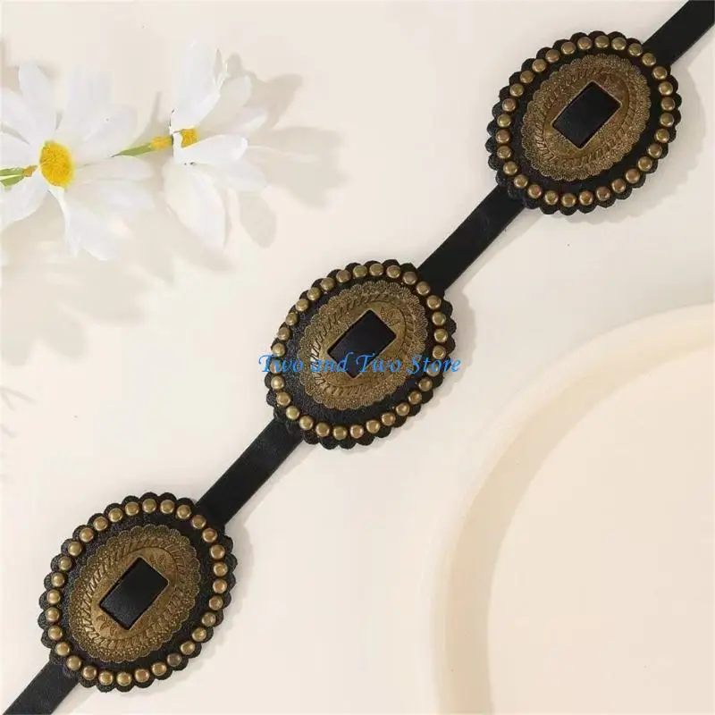 HX6F حزام القرص البيضاوي خمر حزام الخصر المرأة الزخرفية حزام بولي PU للفساتين الرسمية #3