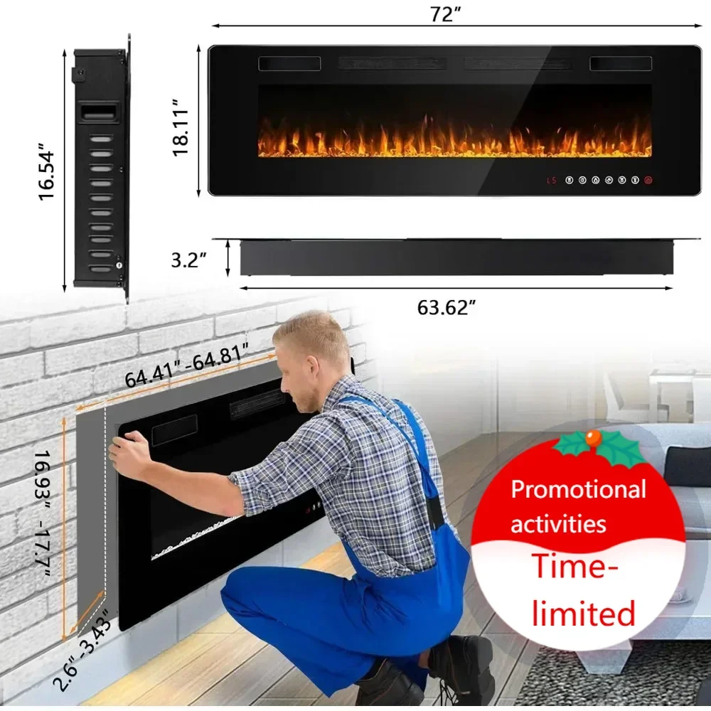 

Hot sales"72" slimline electric fireplace, wall-mounted linear design, compatible with 2x4 and 2x6 framing, 12-level adjustable"