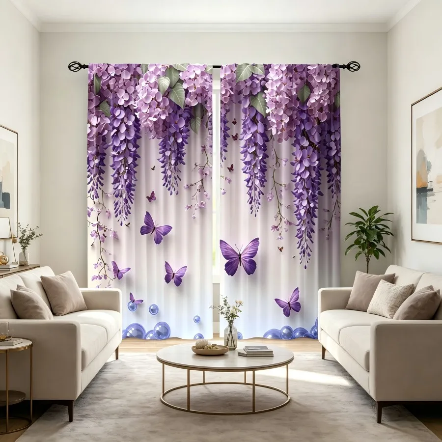 2PCS Digital Print  Curtain, Wisteria Butterfly Bubbles, Aesthetic Room Decor  Curtain for Apartment Dorm Bedroom
