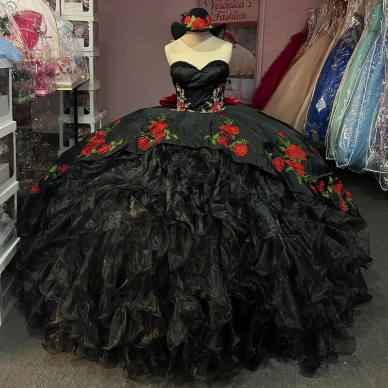 

Black Princess Off the Shoulder Sweet 16 Dress Quinceanera Dresses Applique Beads Bow Tiered Tull Party Birthday Vestidos 15 De