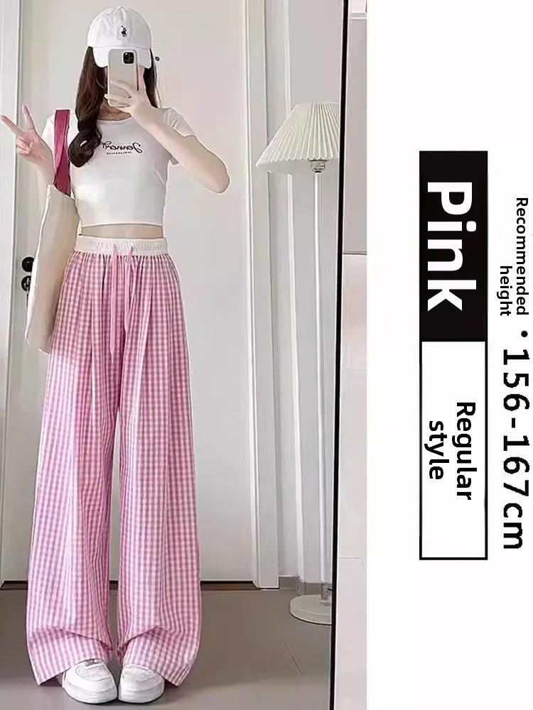 

Blue Plaid Wide Leg Pants Women's Spring Summer Thin Small High Waist Loose Straight Tube Samba Pants Casual Loose Fit High W...