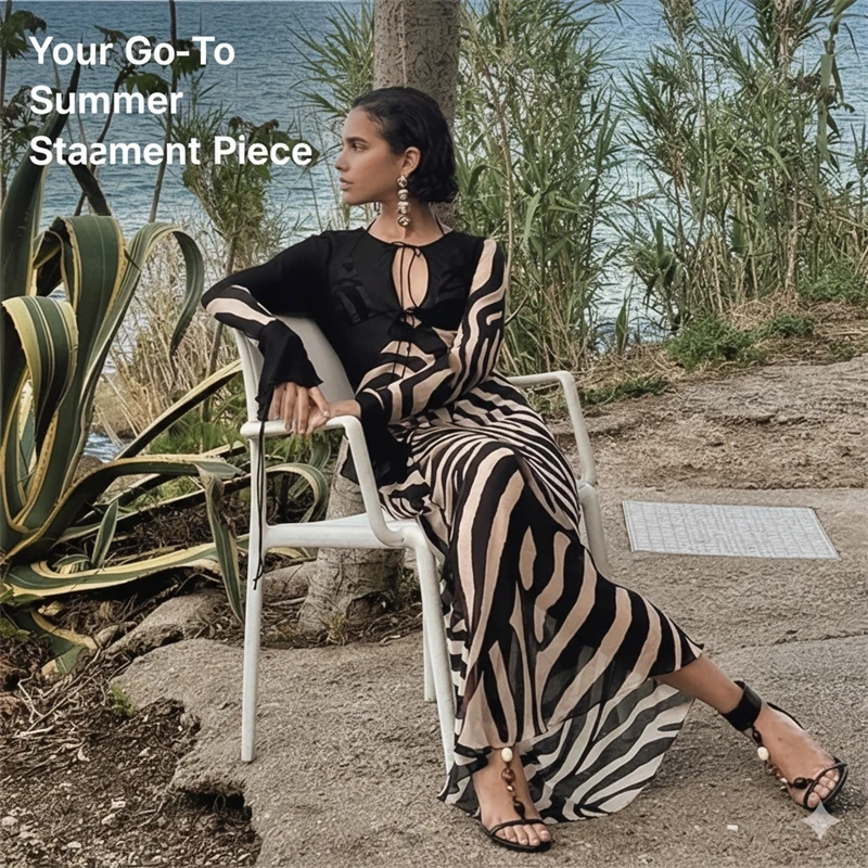 

Sexy See-Through Zebra Print Dress – Flared Sleeves & Low-Neck Design for Midnight Club Vibes