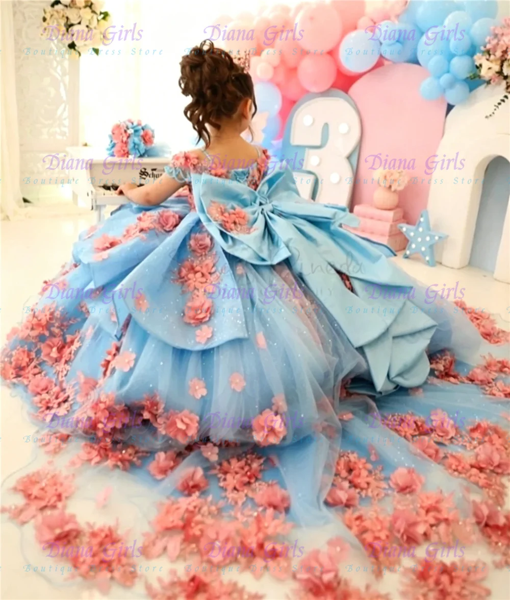 Luxurious Blue Flower Girl Dress Off Shoulder Tulle Fluffy Quality Pink Applique for Princess Wedding Birthday Party Ball Gowns