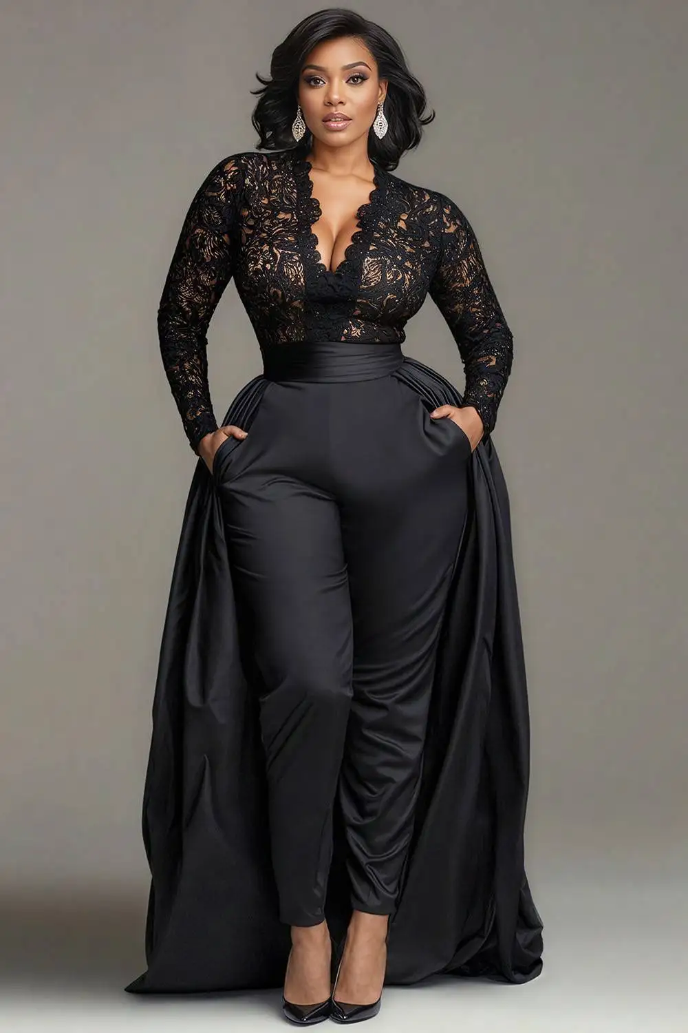 

Plus Size Formal Satin Black V Neck Long Sleeve With Skirt Overlay Elegant Pocket Lace Jumpsuits