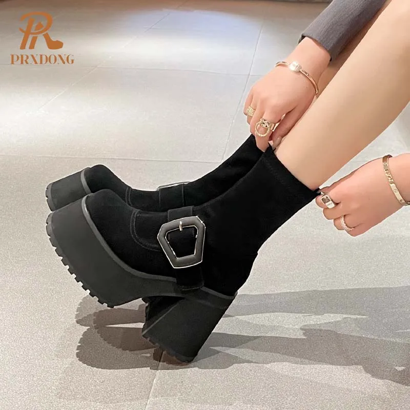 PRXDONG Neue Sexy High Heels Dicke plattform Punk Schwarze Schuhe Frauen Stiefeletten Mode Herbst Winter Kleid Party Dame Schuhe 34-39