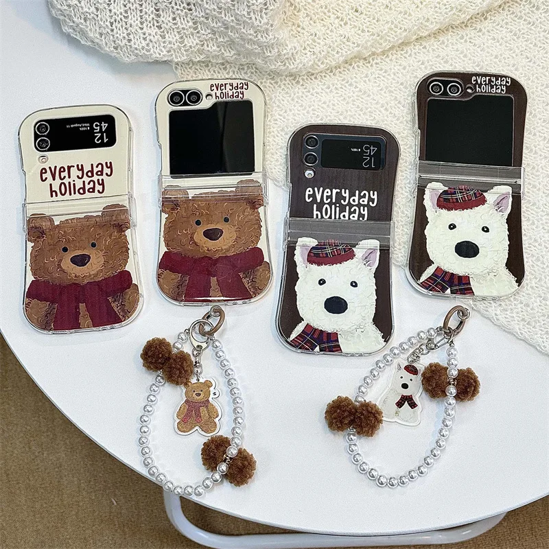 Korean Style Scarf Bear Phone Case for Samsung Galaxy Z Flip6 4 3 Hard Cover for ZFlip3 Zflip4 Zflip5 Solid Shell Bracket