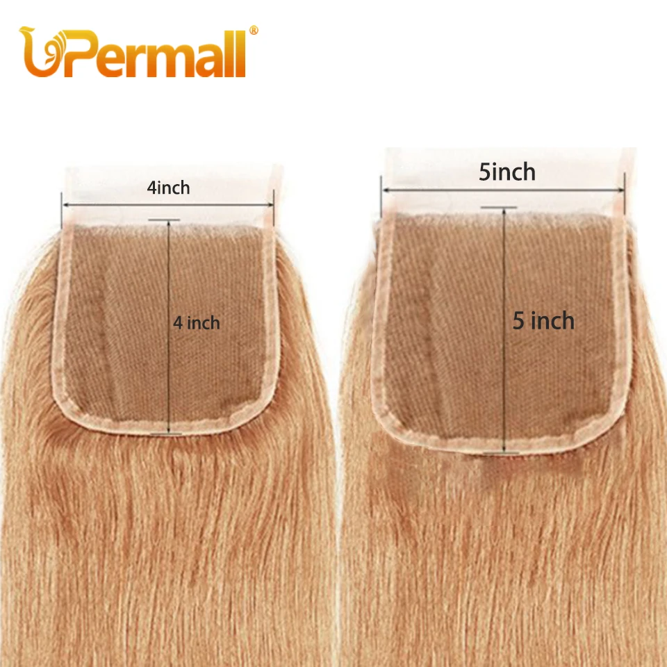 Upermall-extensiones de cabello humano liso con cierre, mechones Remy de color n. ° 27, rubio miel, transparente, 4x4, 5x5, encaje, 3/4