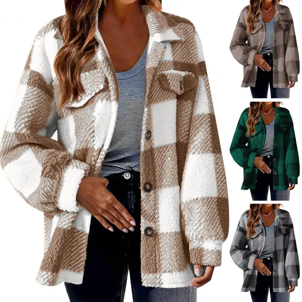 1Pc Women Thermal Jacket Turn-down Collar Cashmere Jacket Plaid Print Soft Fleece Cardigan with Button-down Front for Women Wear