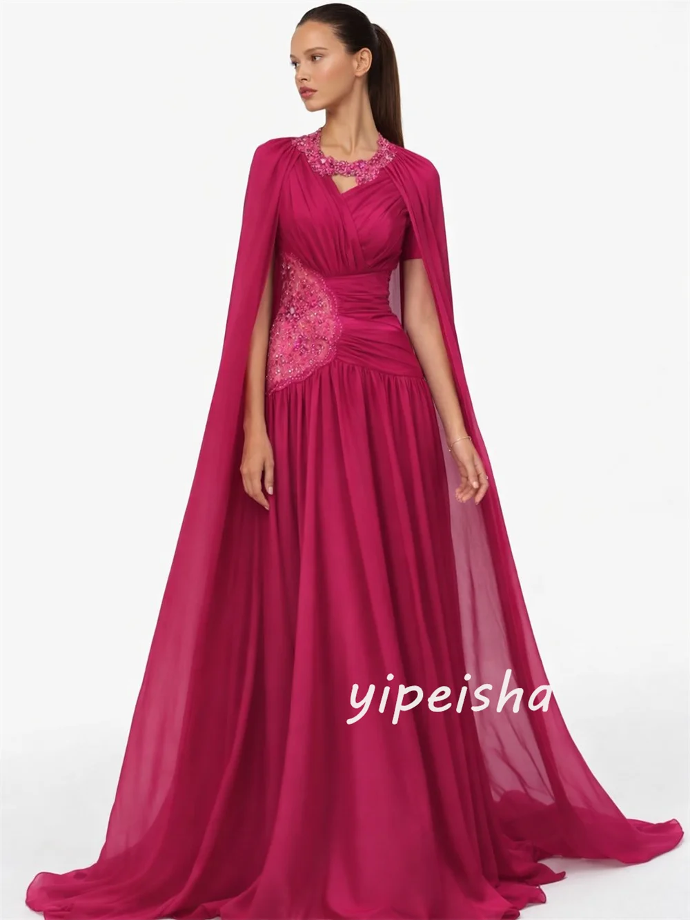 Customized Matching Sexy Chiffon Applique Beading Sequined A-line High Collar Floor-Length Evening Dresses High Quality