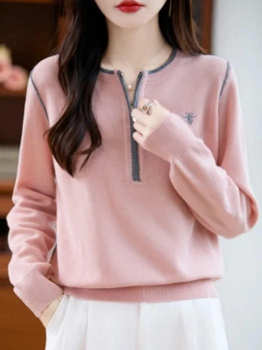 Hochwertiger europäischer SLE-Strickpullover mit Reißverschluss und Stickerei Long Sve Damenoberbekleidung Faionable Commuting SLE
