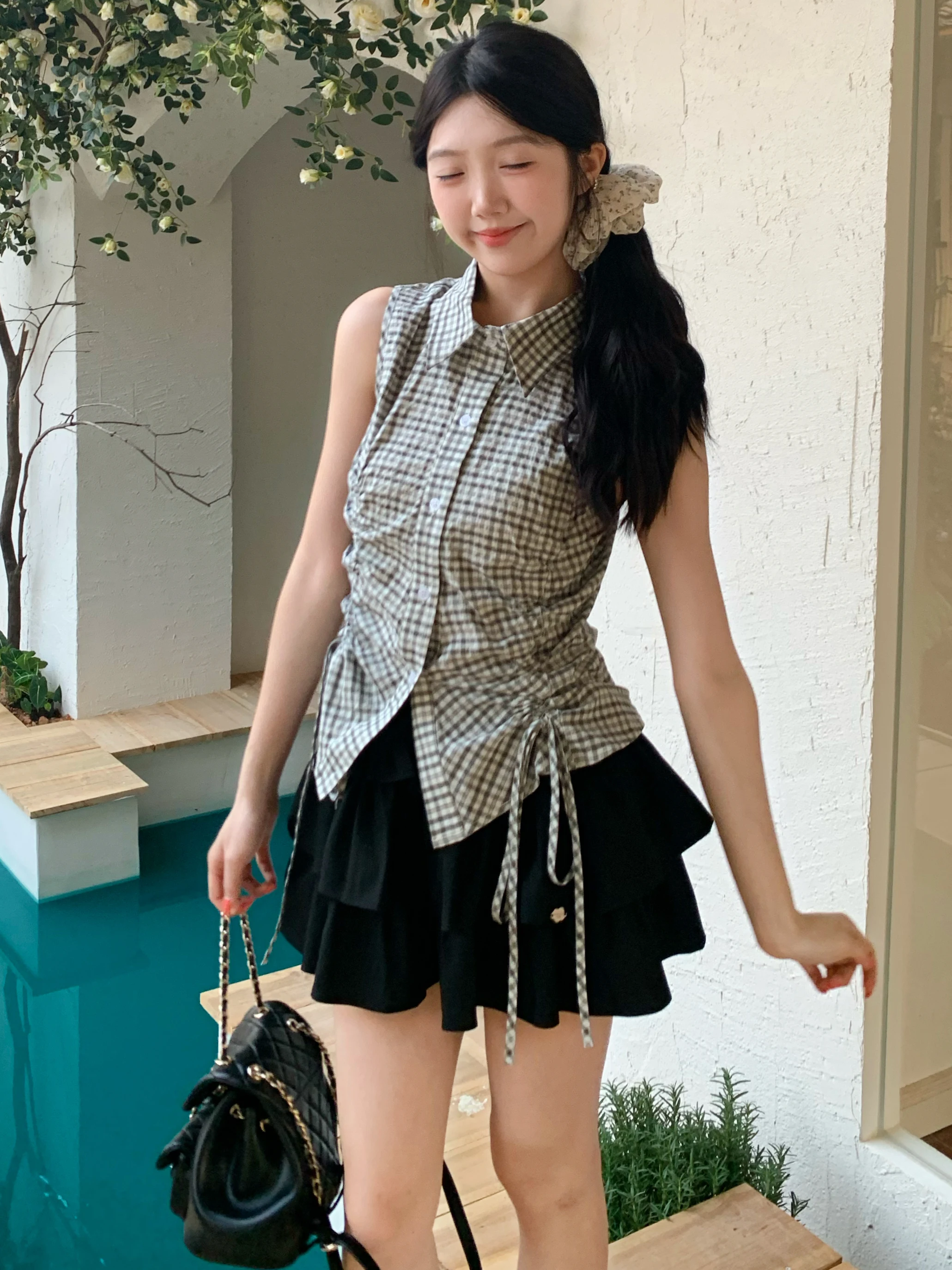 

DOMX Women's Slim Fit Shirt Korean Style Waist Cinched Sleeveless Plaid Spring Summer Fashion Drawstring Casual Breathable Co...