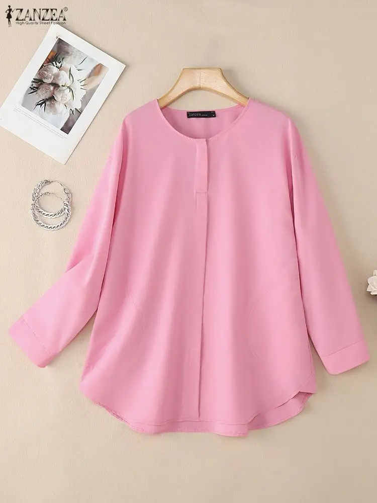 

ZANZEA Womens Oversized Pink Blouses Autumn 2025 Street Fashion O-Neck Long Sleeve Solid Color Loose Tops Streetwear S-3XL
