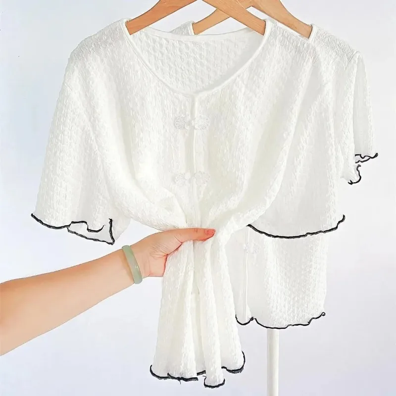 

Women's Textured Short Sleeve Blouse with Frog Buttons, Contrast Trim Ruffled Hem, Tie Front Casual Top for Summer