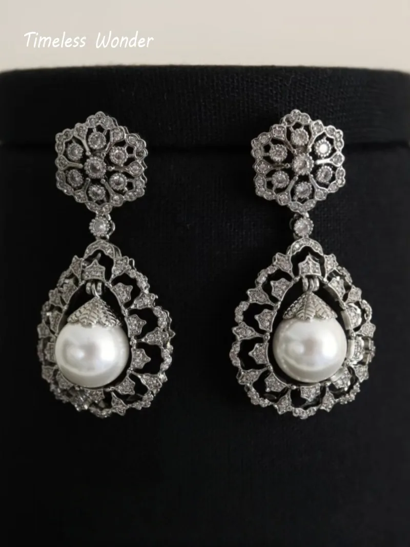 Timeless Wonder Fancy Crystal Zircon Geo Lace Stud Earrings for Women Designer Fashion Jewelry Luxury Top Rare Gift Sweet 3610