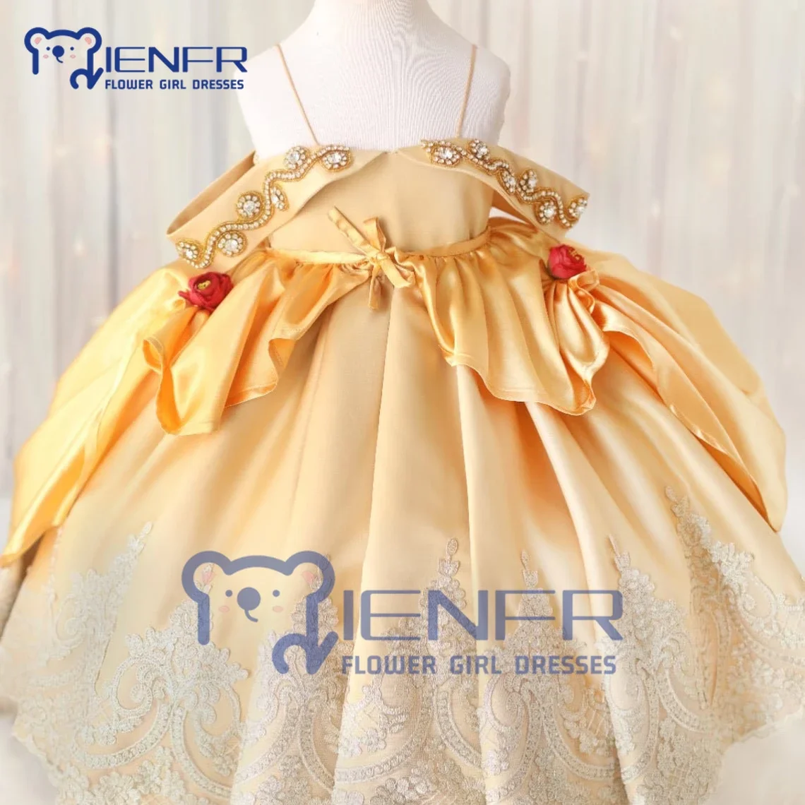 Golden Gorgeous Baby Girl Dresses with Trailing for Wedding Birthday Communion Party Special Occasion Flower Girl Dress