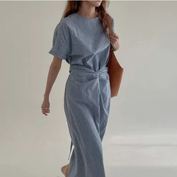 Johnature Korean New Lazy Retro Striped Lace-up Waist Dresses 2025 Summer Women O-neck Short Sleeve Loose Casual Dresses