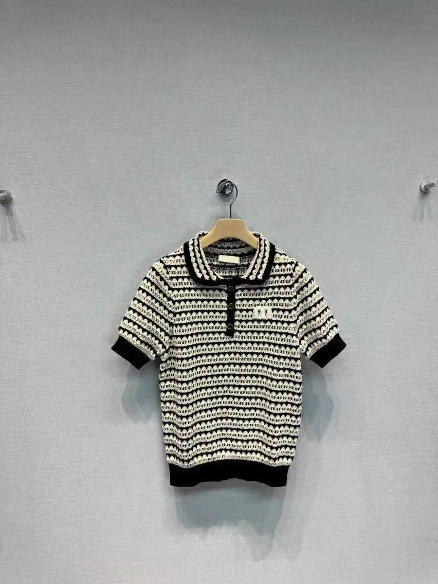 2025 verão listrado camisola de malha camisetas femininas bordadas manga curta vintage moda chique senhoras malhas topos jumpers