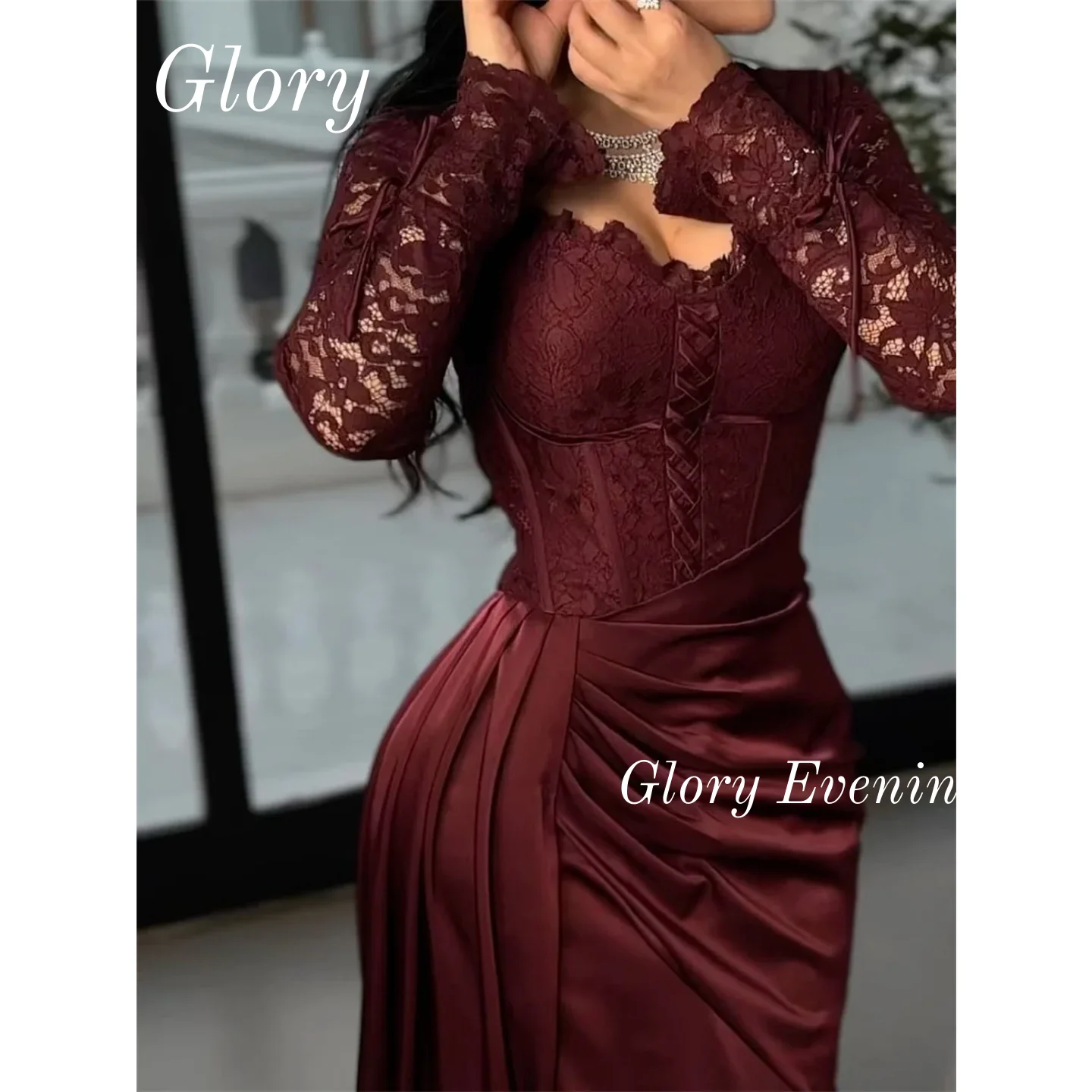 Sukienka wieczorowa z długim rękawem, czerwona, z plisami, wysokie rozcięcie z boku, sukienki na studniówkę, wysokie rozcięcie z boku, sukienki na formalne okazje, sukienki ślubne 2026