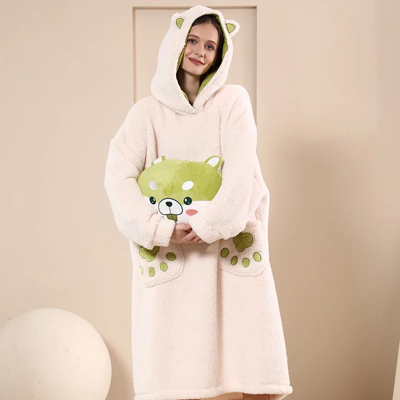 Women Coral Fleece Thicken Robe Hooded Warm Home Wear Sleepwear Autumn Winter Thick Nightwear Foldable Nightgown Hug Pillow