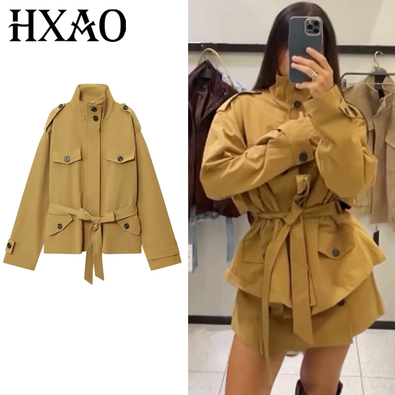 

HXAO укороченный плащ, женская ветровка, осень 2021, топы большого размера на пуговицах с длинными рукавами, верхняя одежда для улицы, пальто высокого качества