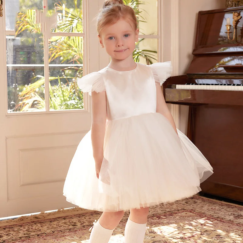 Children's Dress Spring New Girls' French Satin Dress High-end First Birthday Dress Puffy Princess Dress