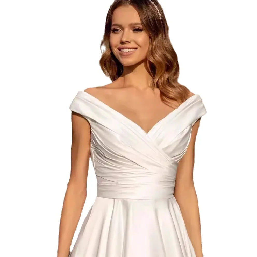 2024 novo vestido de cetim retrô com um ombro elegante vestido de noiva de recepção vestido branco