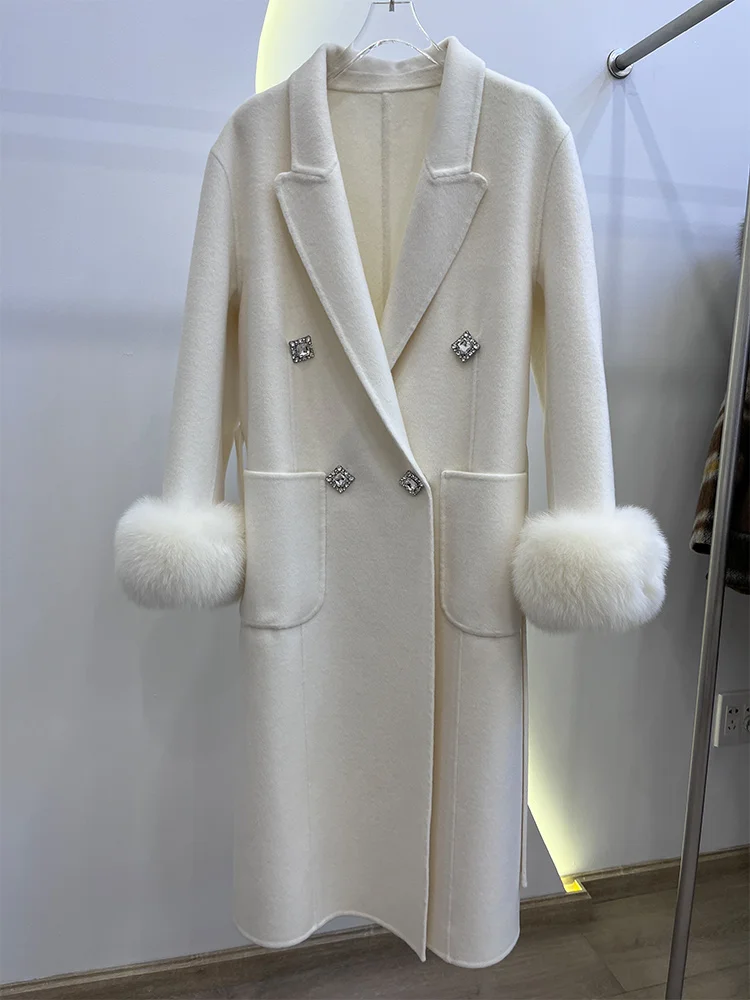 معطف نسائي جديد لعام 2025 من صوف الكشمير الطويل معطف صوفي طبيعي من فرو الثعلب الحقيقي سترة شتوية للسيدات ملابس خارجية ملابس خروج