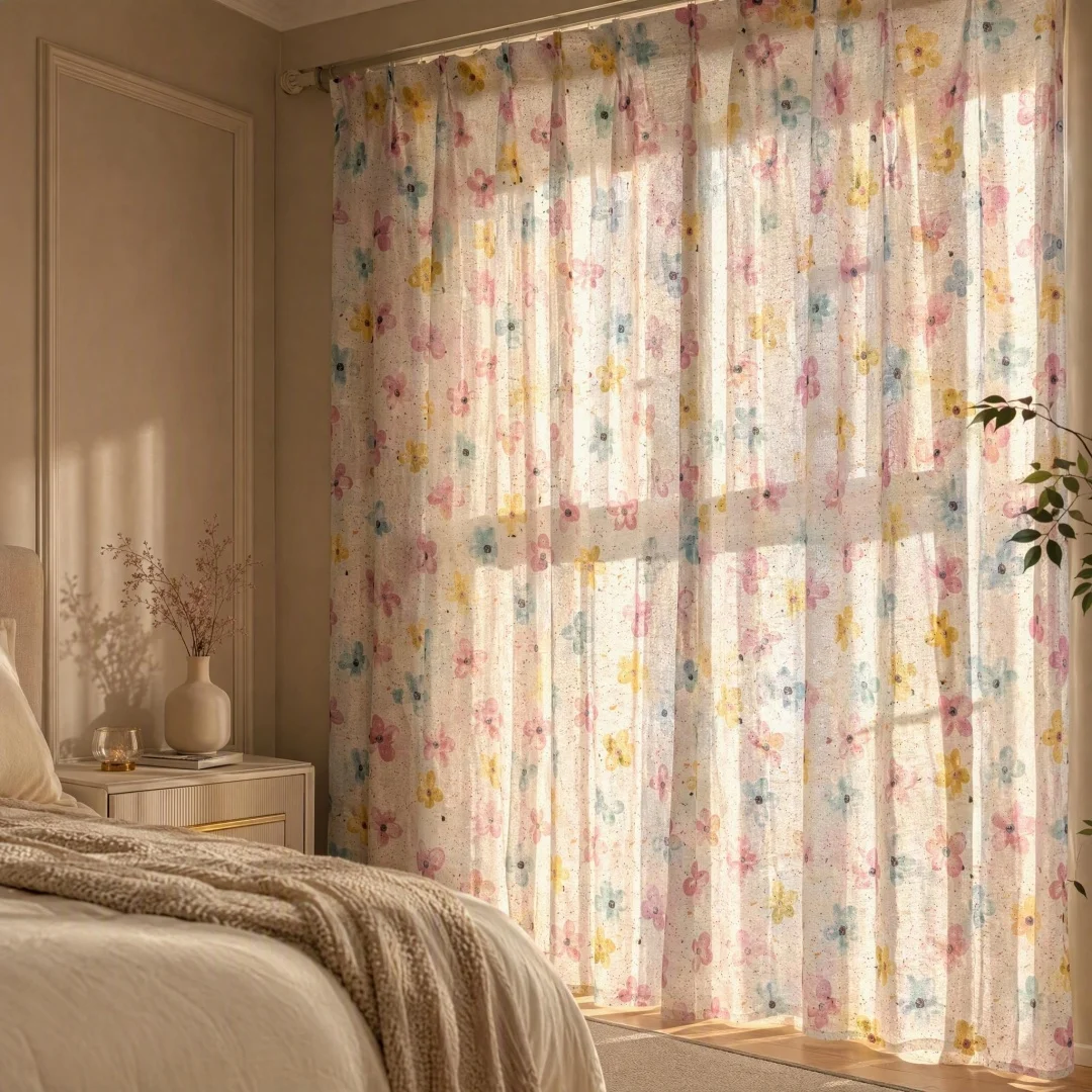 FarmhouseWatercolor Floral Curtains Linen TextureColorful Flower Print Window Drapes Light Filtering Curtain forHome Decoration