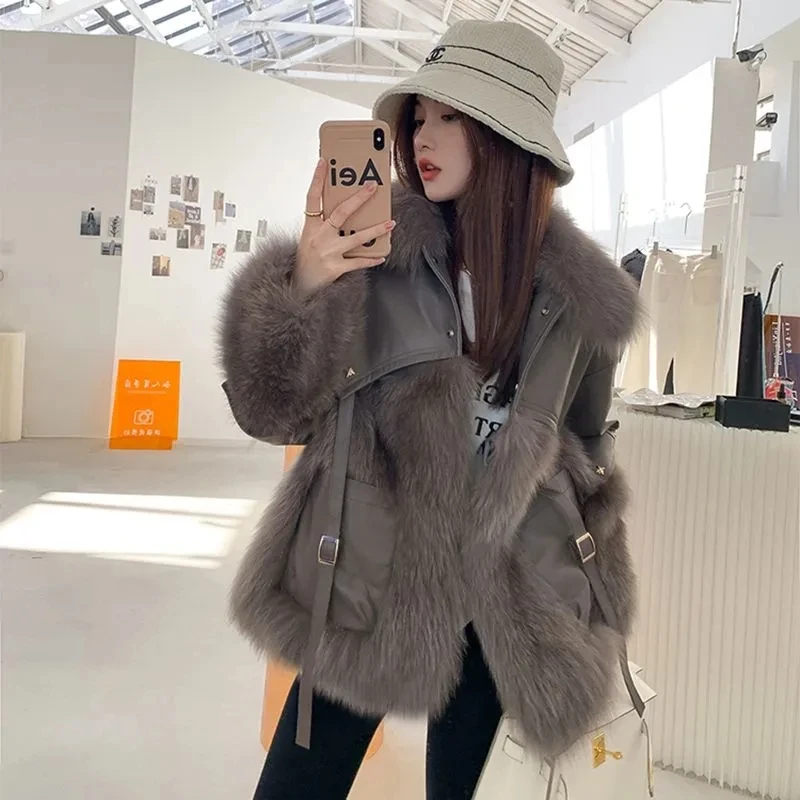 Winter Women\'s Leather Jacket With Real Fox Fur Collar Trim Natural Rabbit Skin With Rabbit Fur Coats Short Style Female