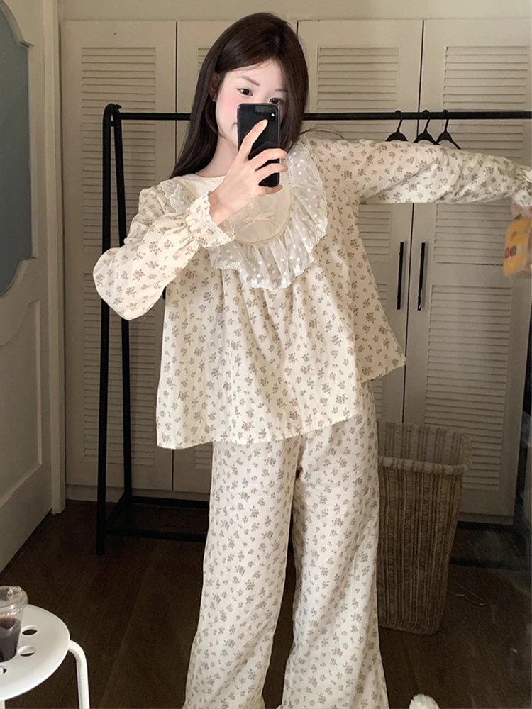 Palace Style Pure Cotton Pajamas for Women Autumn Double Layer Gauze Round Neck Floral Long Sleeve Lace Trim Princess Style Set