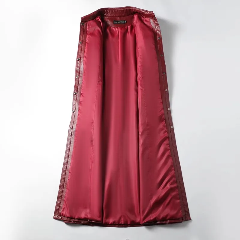 Gabardina larga de piel auténtica para mujer, abrigo de piel de oveja con botonadura única, color rojo vino, Primavera, 2024