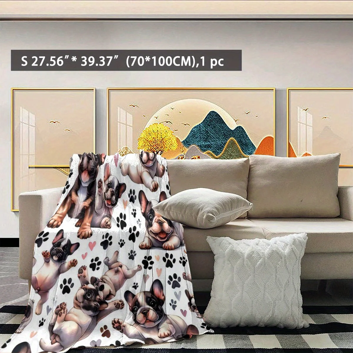 Adorable French Bulldog Blanket Playful Puppy Pattern with Hearts and Paws Soft Cozy Plush Throw Blanket for Kids Adults Bedroom