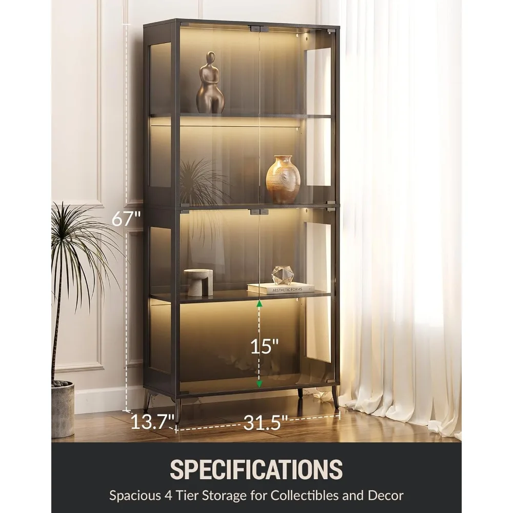 Glass Display Cabinet 4 Tier Adjustable Shelves Curio Case Collectibles 60000 LED Lights App Remote Control Metal Base Black