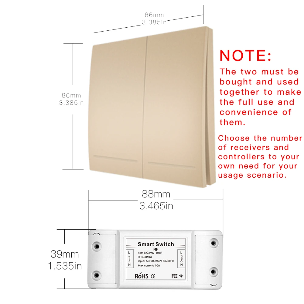 433Mhz Wireless Smart Switch RF Remote Control Receiver Push Button Controller Wall Panel Transmitter,2 way/3 way Multi-Control