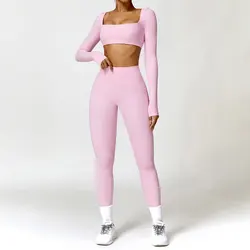 Ensemble de survêtement de yoga pour femme, vêtements d'entraînement sportif, legging de gymnastique, soutien-gorge de fitness, haut court, olympiques de sport à manches longues, 2 pièces