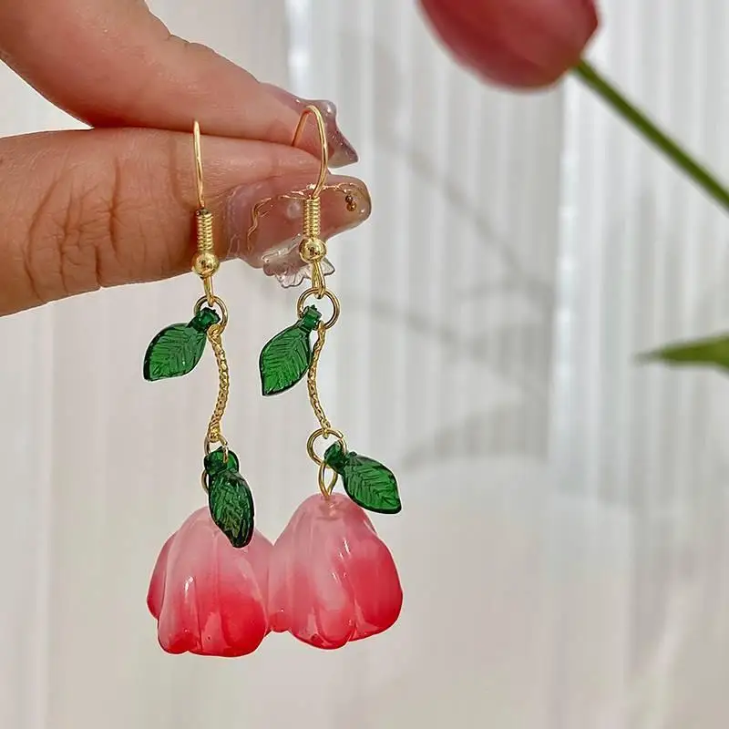 Fashion Pink Tulip Flower Dangle Earrings for Women Trendy Acrylic Green Leaf Drop Earrings Girls Party Sweet Jewelry Gift