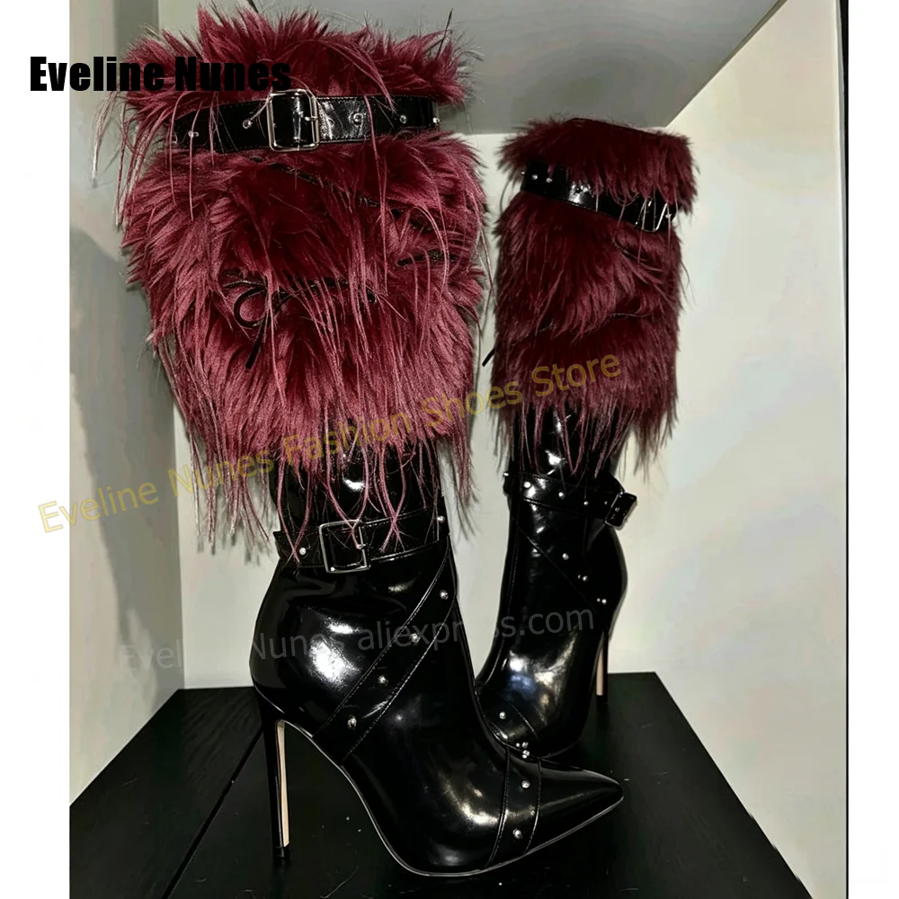 Women Burgundy Faux Fur Fashion Boots Pointed Toe Stiletto Bow Decoration Buckle Strap Side Zip Knee High Boots 2026 New Style