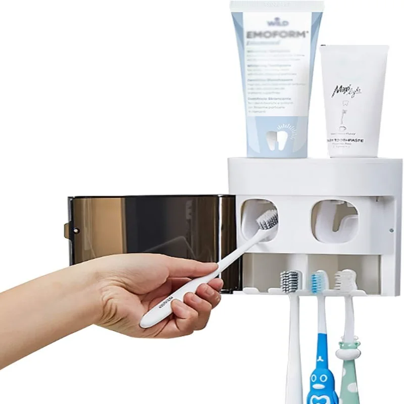 

Wall-Mounted Electric Toothbrush Holder with Two Toothpaste squeezers and Toothbrush Storage Box. Automatic Dispenser with dust