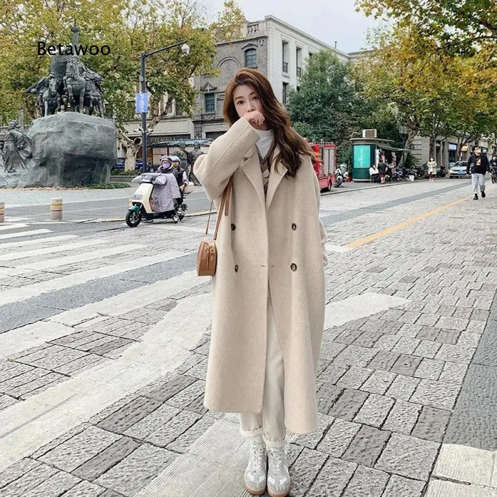 Notched Lapel Double Breasted Long Overcoat For Women Solid Color Loose Outerwear For Casual Daily And City Street Style