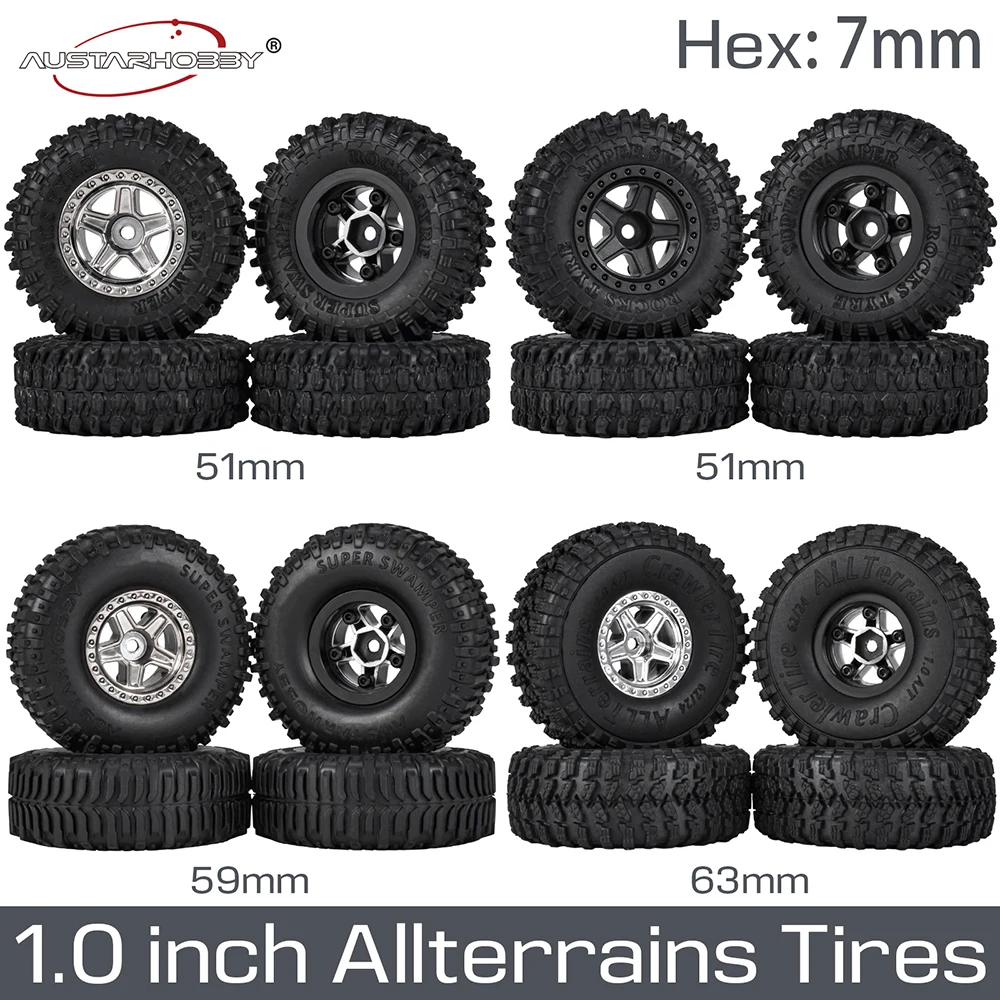 

AUSTARHOBBY 1.0 inch RC Tires 4pcs Rubber Wheel Tyre Set 7mmHex for 1/18 TRX4M 1/24 Axial SCX24 RC Crawler Car Upgrade Parts