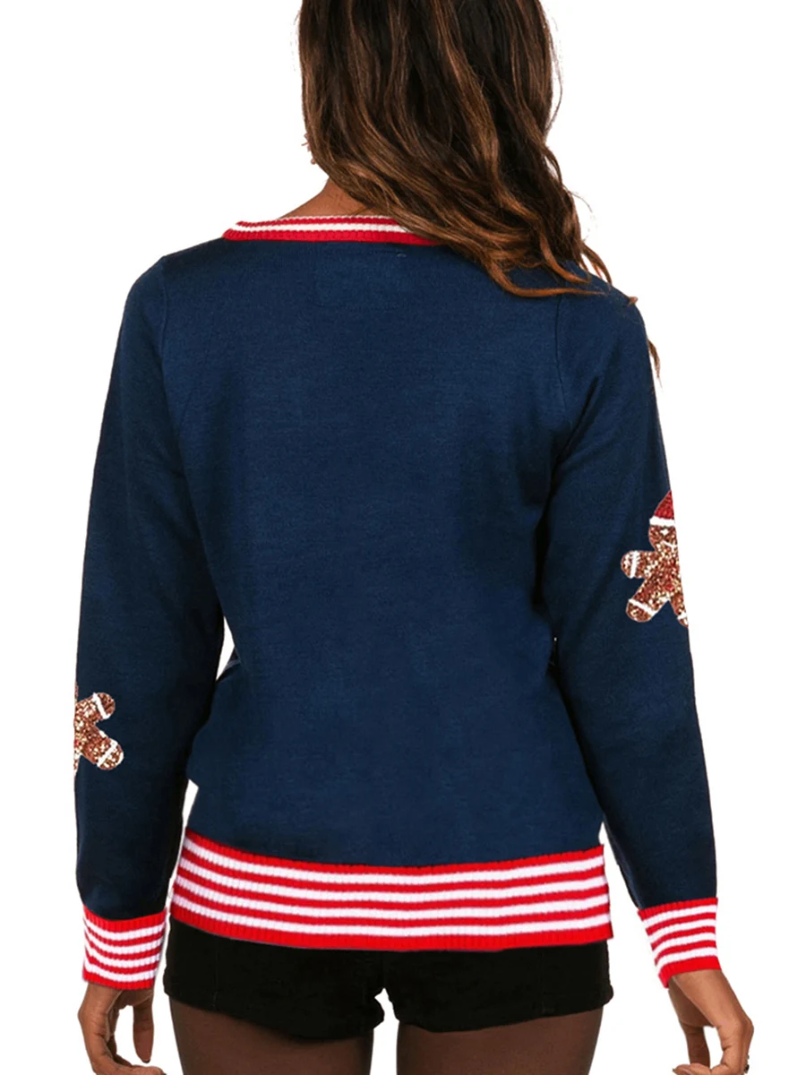 Women s Christmas Loose Sweater Sequin Candy Cane Pattern Long Sleeve Round Neck Knitwear Pullover