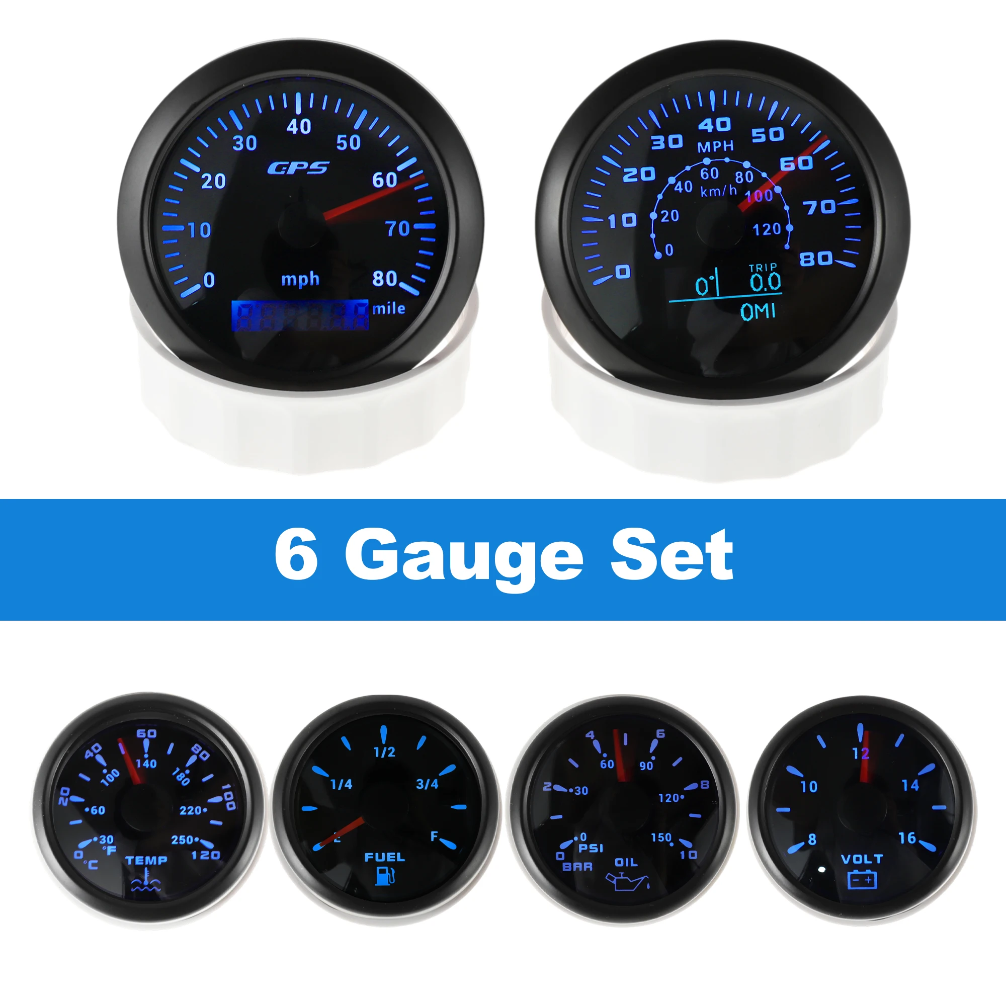 

UXCELL 6 Gauge Set GPS Speedometer Tacho Fuel/Temp/Oil/Volt for Marine Boat Car Black