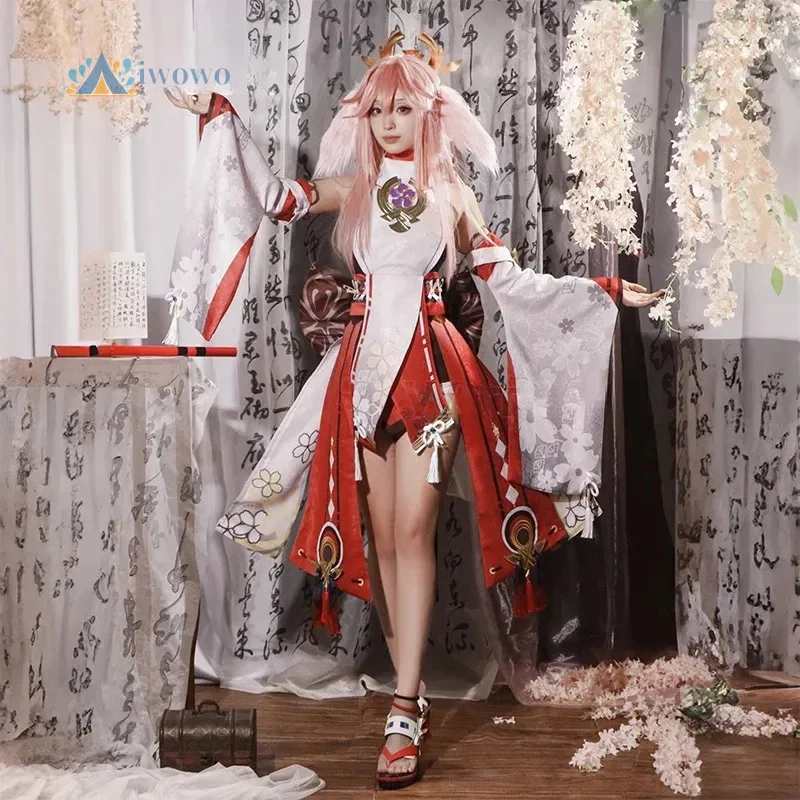 

Yae Miko SSR Cosplay Costume Genshin Impact Yae Miko Halloween Fox Kitsune Girl Full Set Wig Ear Shoes