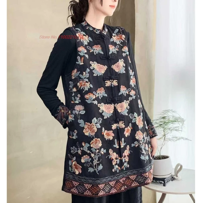 

2025 traditional vintage cotton-padded vest national flower embroidery stand collar vest sleeveless jacket ethnic hanfu tops