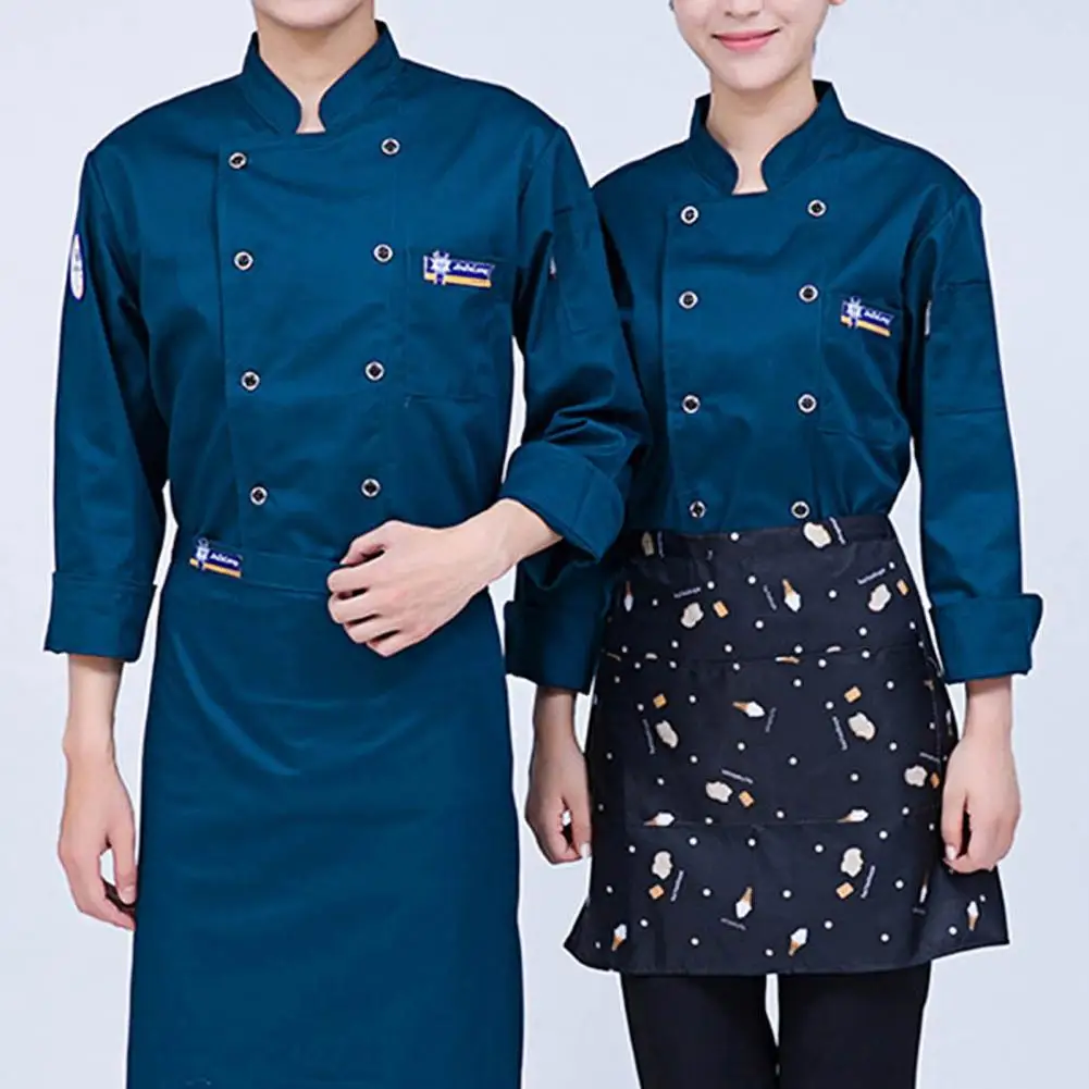 Chef Top Solid Color Pocket Long Sleeve Lightweight Double-breasted Cooking Stand Collar Plus Size Long Sleeves Cook Uniform Adu