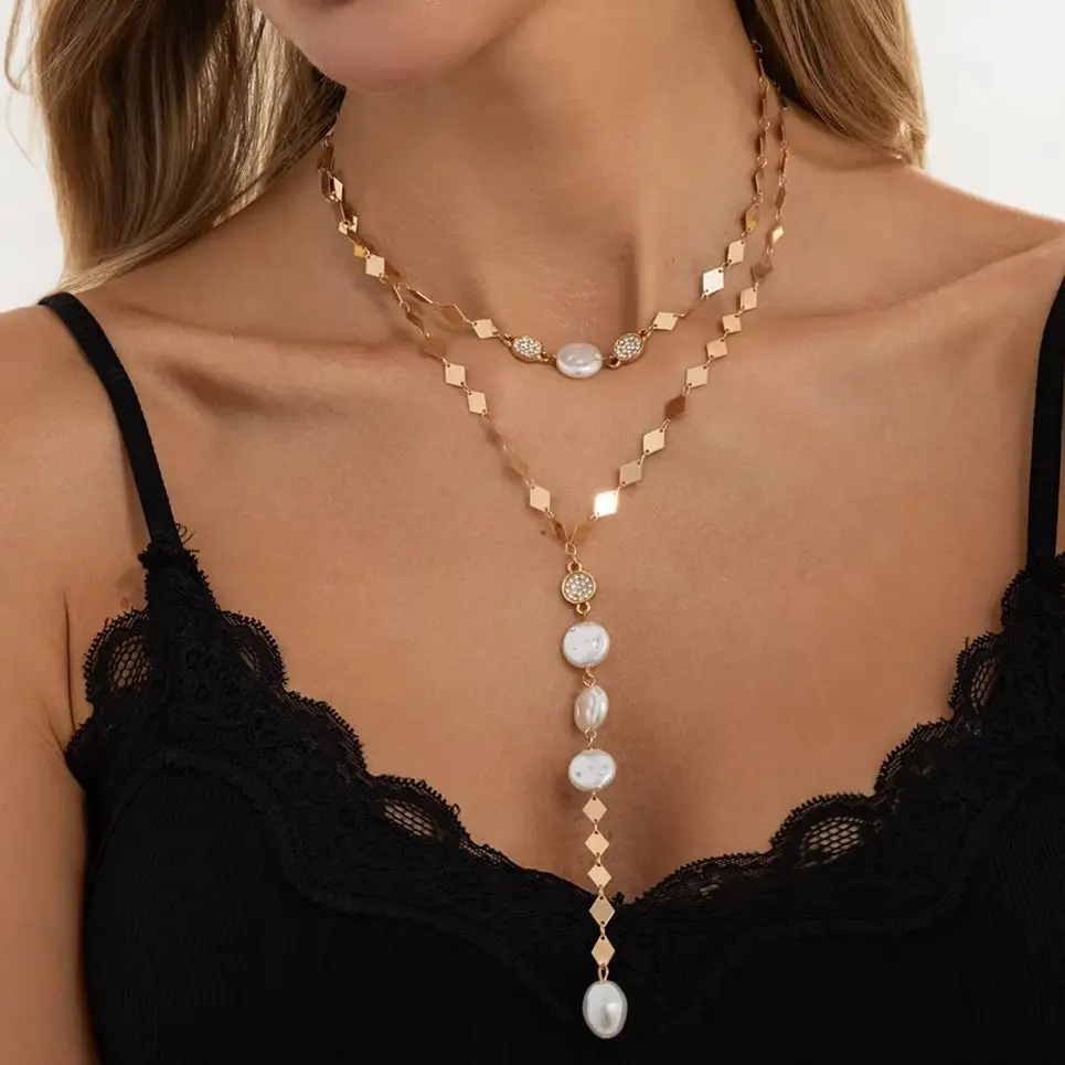 SHIXIN 2 Pcs/Set New Vintage Elegant Imitation Pearl Y Shape Pendant Necklace Women Trendy Rhinestone Chain Choker Y2K Jewelry
