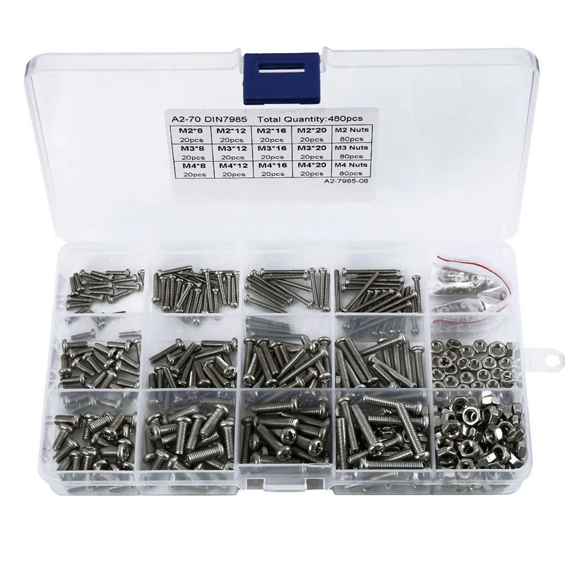 AT19-480Pcs/Set M2 M2.5 M3 Din7985 Gb818 Steel Cross Recessed Pan Head Screws Phillips Screws Assortment Kit Hw028