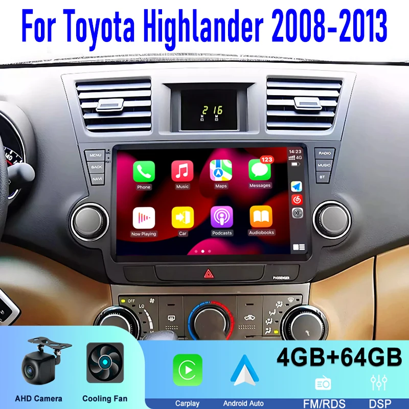 

4-64GB 10" For Toyota Highlander Kluger 2008-2013 Wireless Carplay Apple Android 13 Auto Car Radio Stereo Head Unit GPS WIFI BT