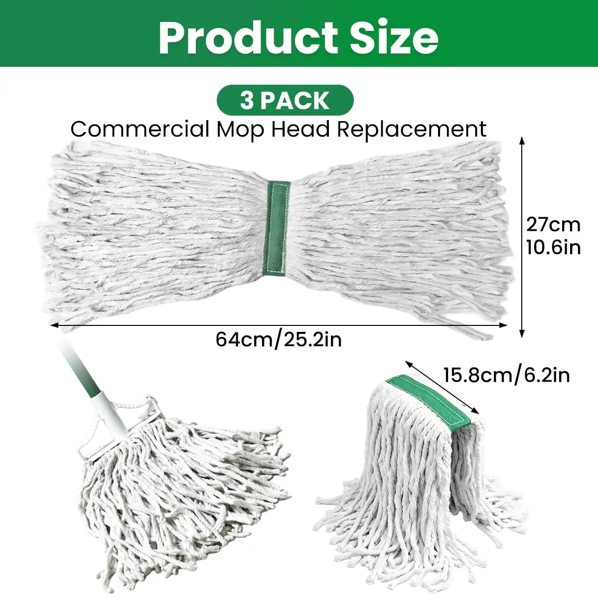 Home Times 3Pk White Cotton Mop Refills, Heavy String Heads Compatible Libman Handles Home Industrial Commercial Use