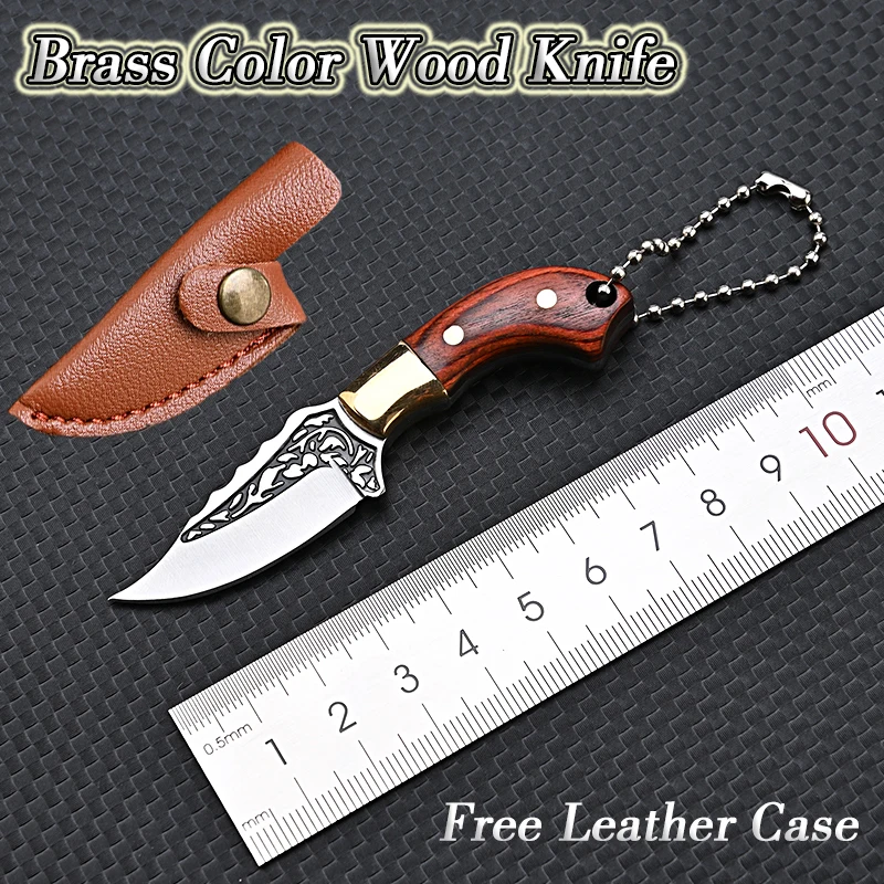 Brass Color Wood Knife MINI Portable Unboxing Small Blade Straight Knife With Leather Case CS GO Hanging Outdoor Camping EDC Kni